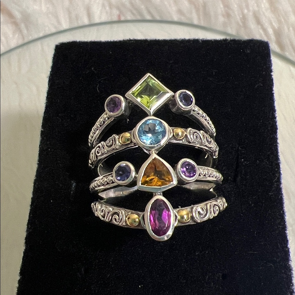 Luxury Sterling Silver and 18K Solid Gold Multi Gemstone Ring